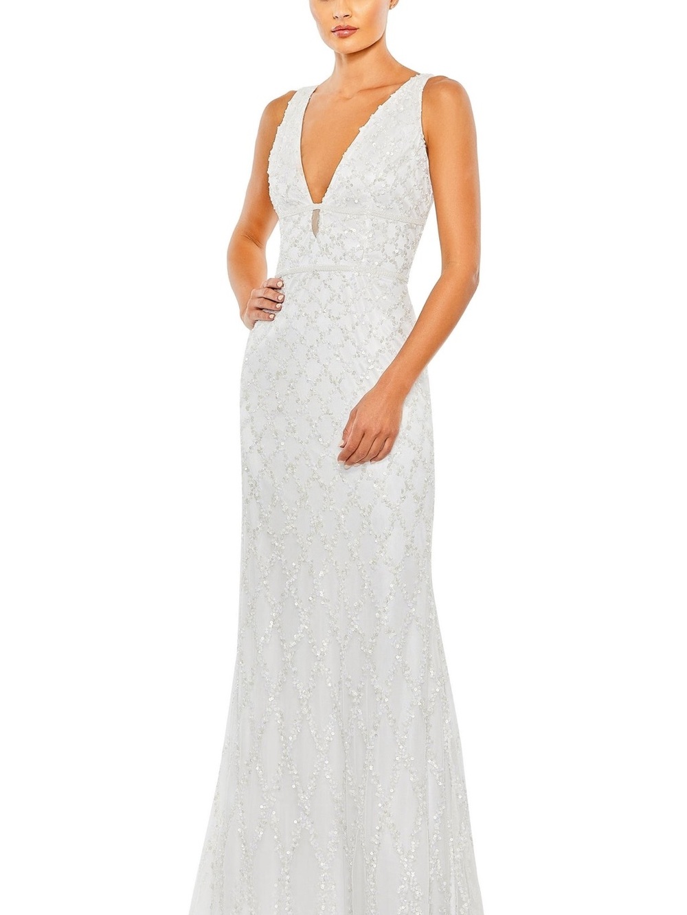 Mac Duggal Women's Sequined White Plunge Neck Sleeveless Wedding Gown